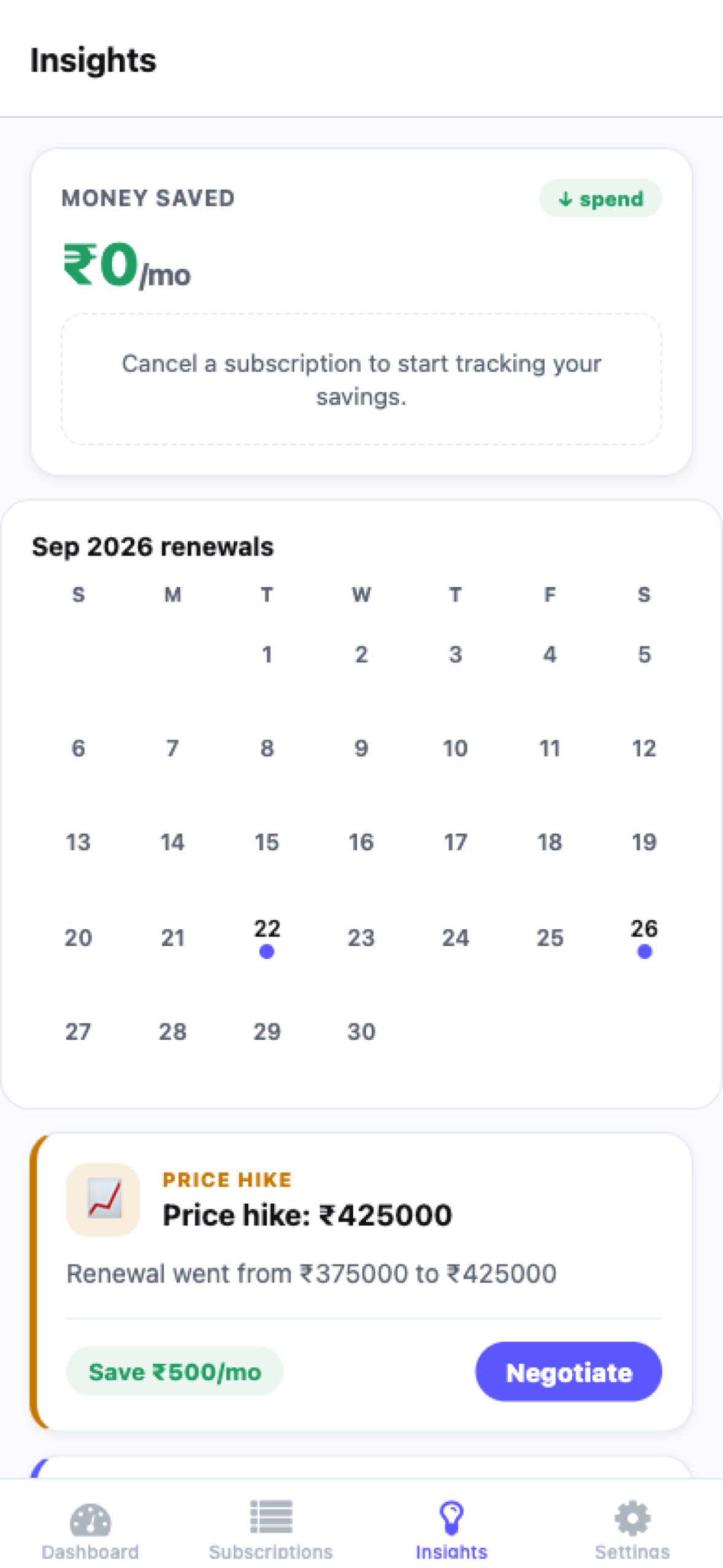 Nixt insights screen with a renewals calendar and price-hike alert