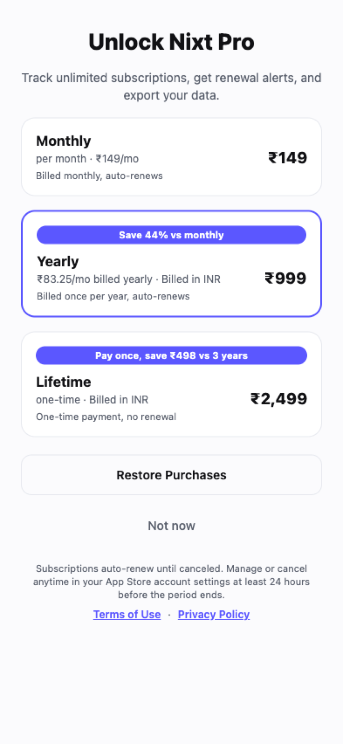 Nixt Pro paywall showing plan options